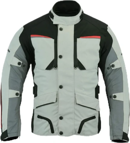 Mens Waterproof Armored Motorcycle/Motorbike Jacket White/Grey Textile Fabric CE